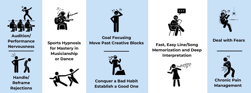 •Audition/Performance Nervousness •Handle/Reframe Rejections •Sports Hypnosis for Mastery in Musicianship or Dance •Goal Focusing/Move Past Creative Blocks •Conquer a Bad Habit/Instill a Good One •Fast, Easy Line/Song memorization and Deep Interpretation •Deal with Fears •Chronic Pain Management